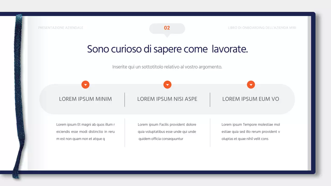 Materiale di formazione semplice, blu e arancione, per l'onboarding dei nuovi assunti