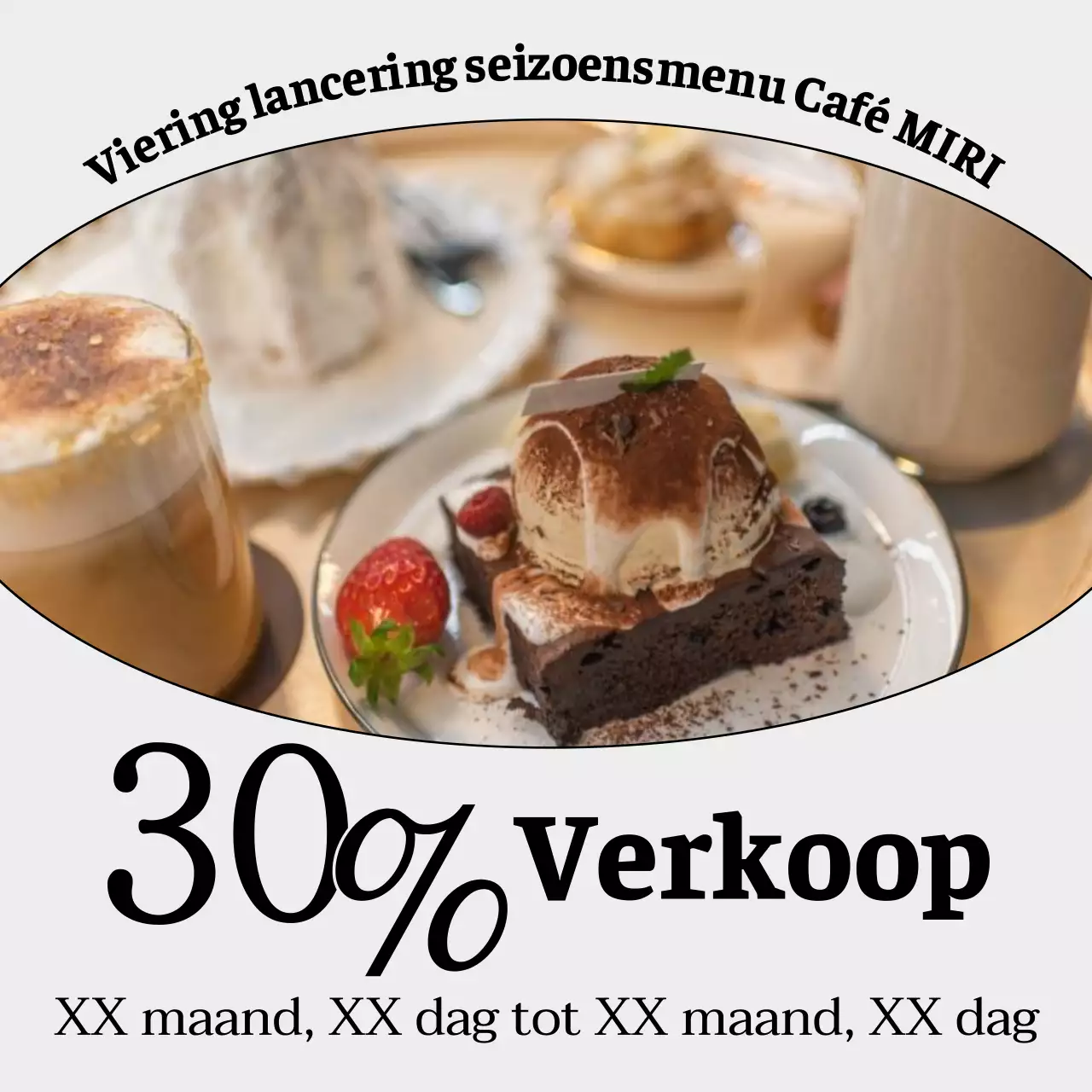 Minimalistische café-aankondiging in grijs en zwart-wit