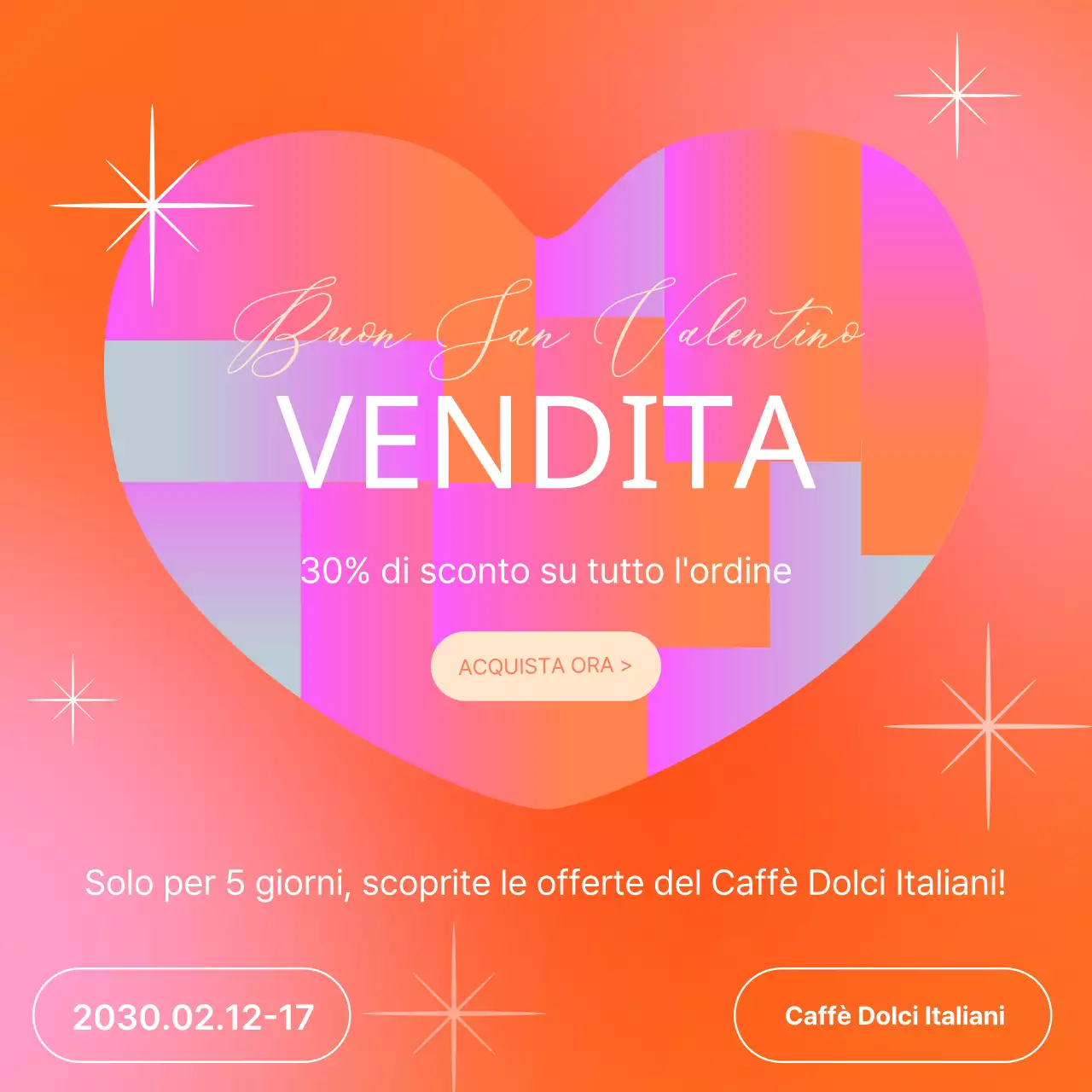 Un simpatico annuncio di vendita di San Valentino in arancione e rosa.