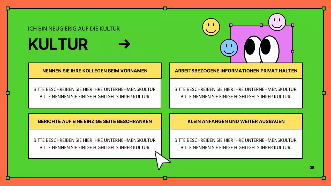 Kitschige gelbe und blaue HR-Schulungsunterlagen für neue Mitarbeiter