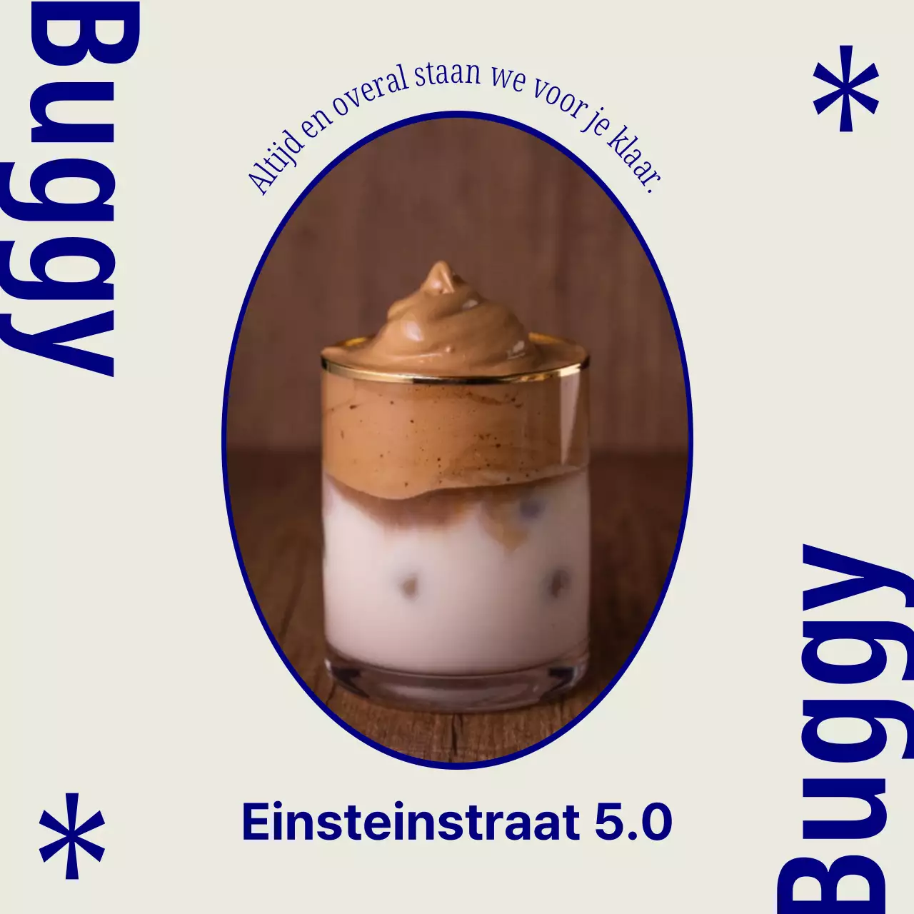 Een eenvoudig blauw en wit café reclamebord