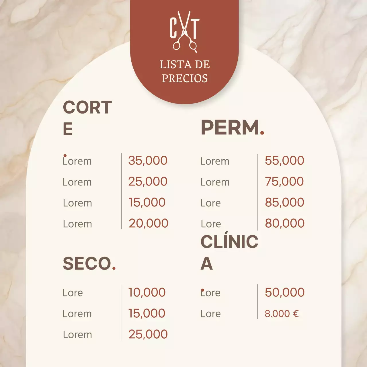 Elegante folleto de lista de precios con fondo beige