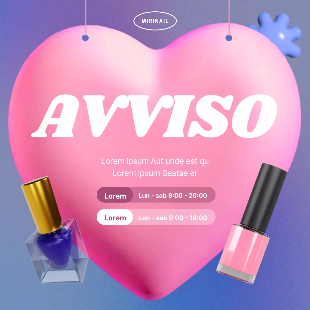 Un salone per unghie kitsch viola e rosa annuncia i suoi orari di apertura