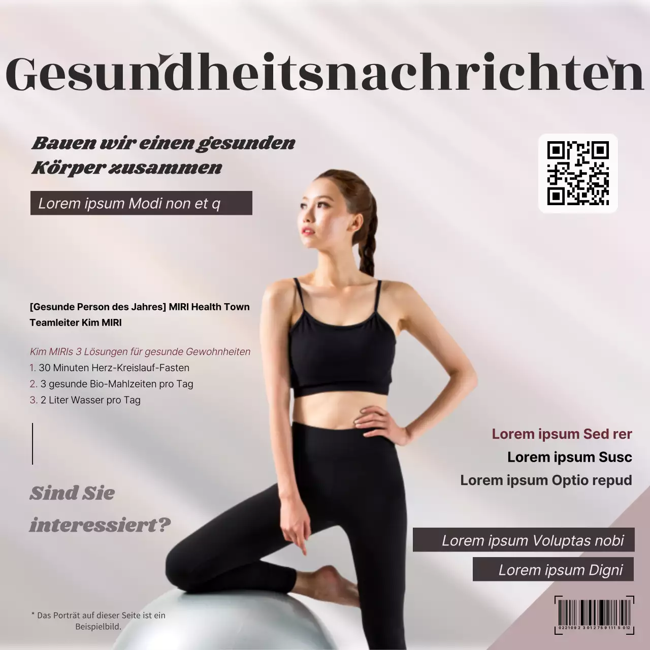 Flyer für ein luxuriöses braunes und graues Pilates-Magazin-Konzept.