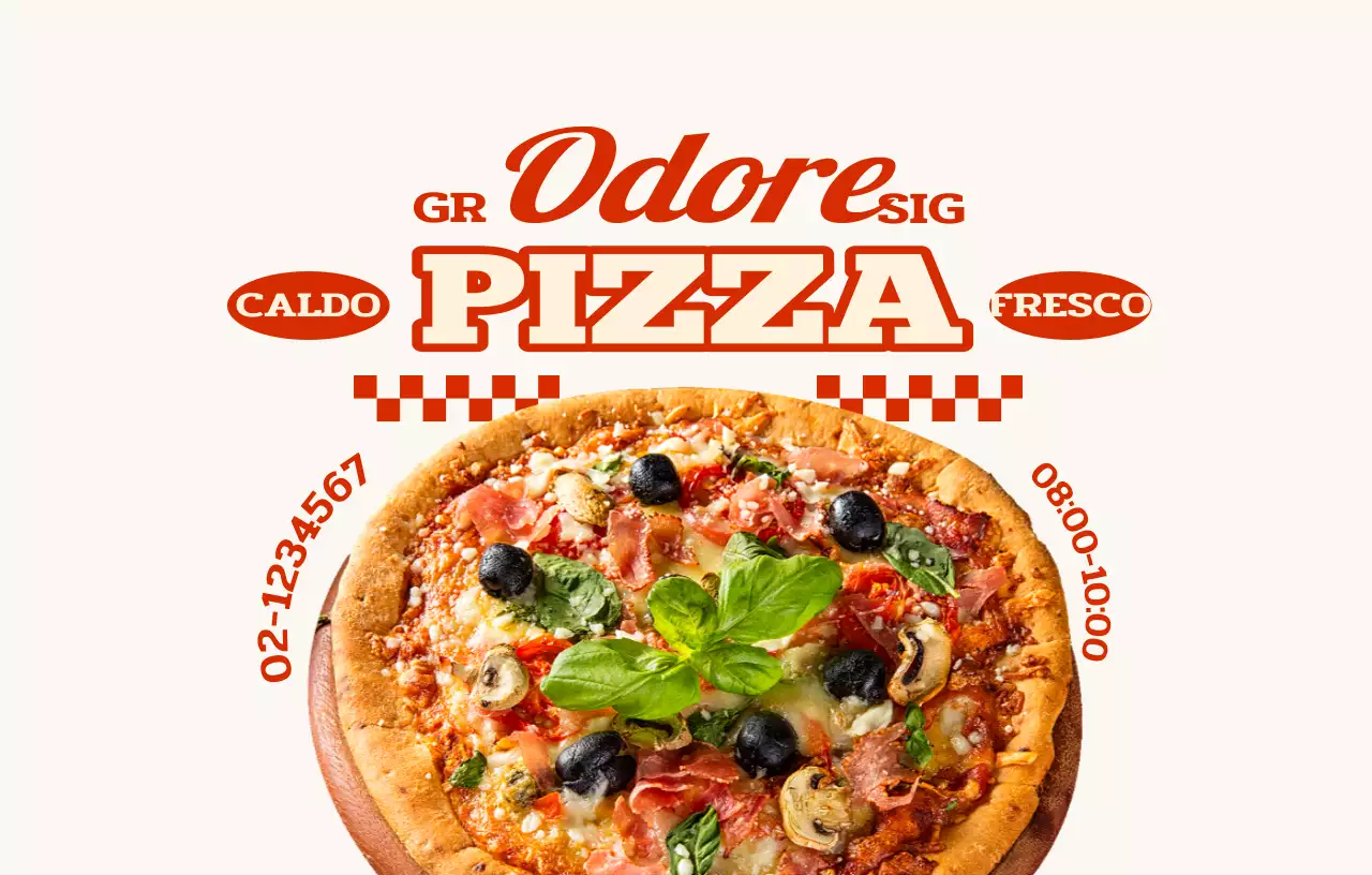 Una pizzeria con testi e motivi di ispirazione rétro