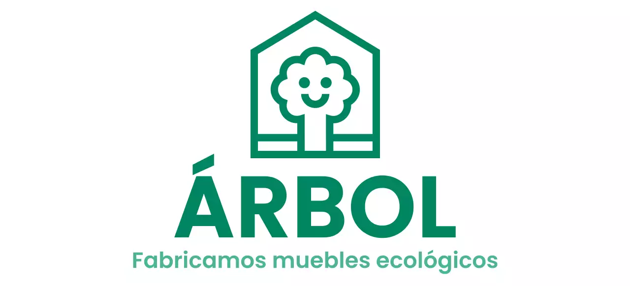 Diseño corporativo de muebles en color con logotipo de marca que representa un árbol en una casa