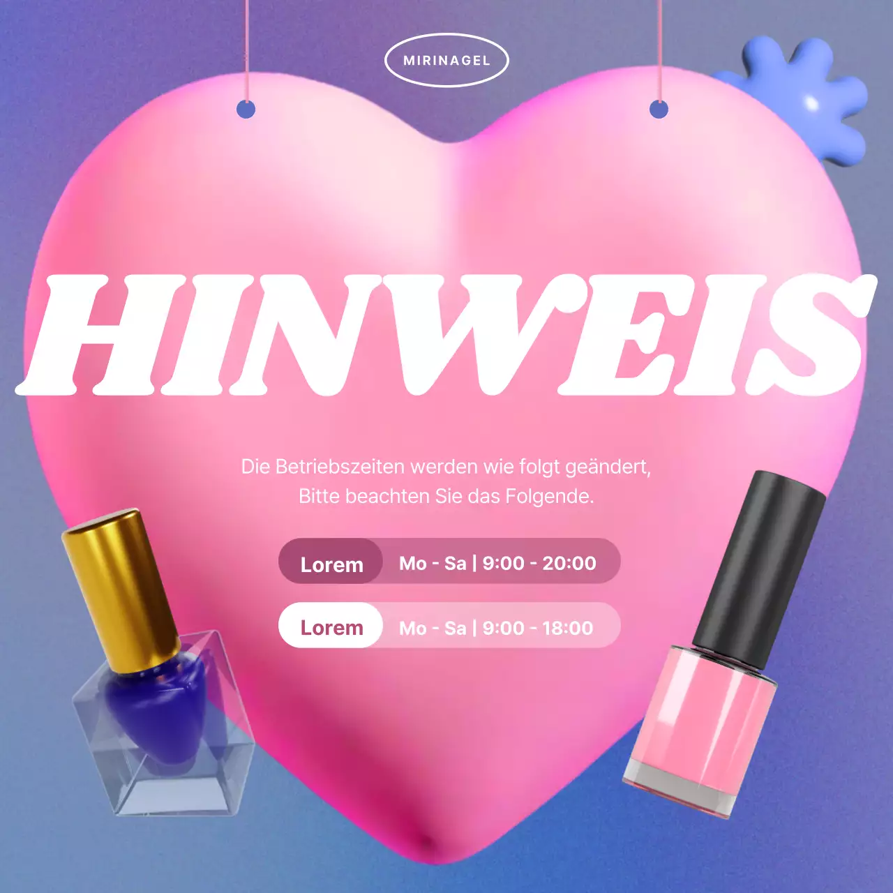 Ein kitschiges lila-rosa Nagelstudio kündigt seine Öffnungszeiten an