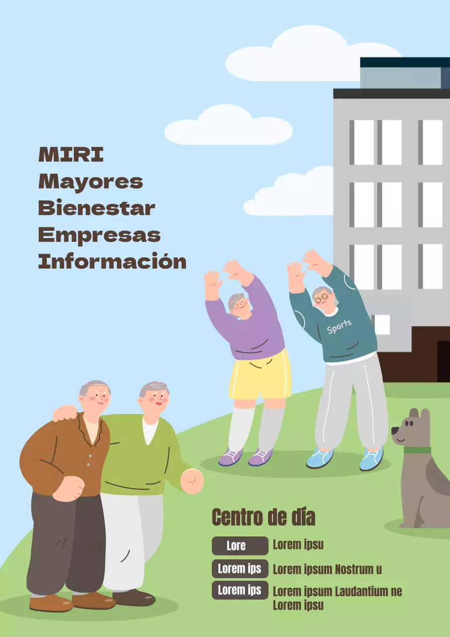 Promover la combinación de colores azul claro y marrón de un acogedor centro de mayores