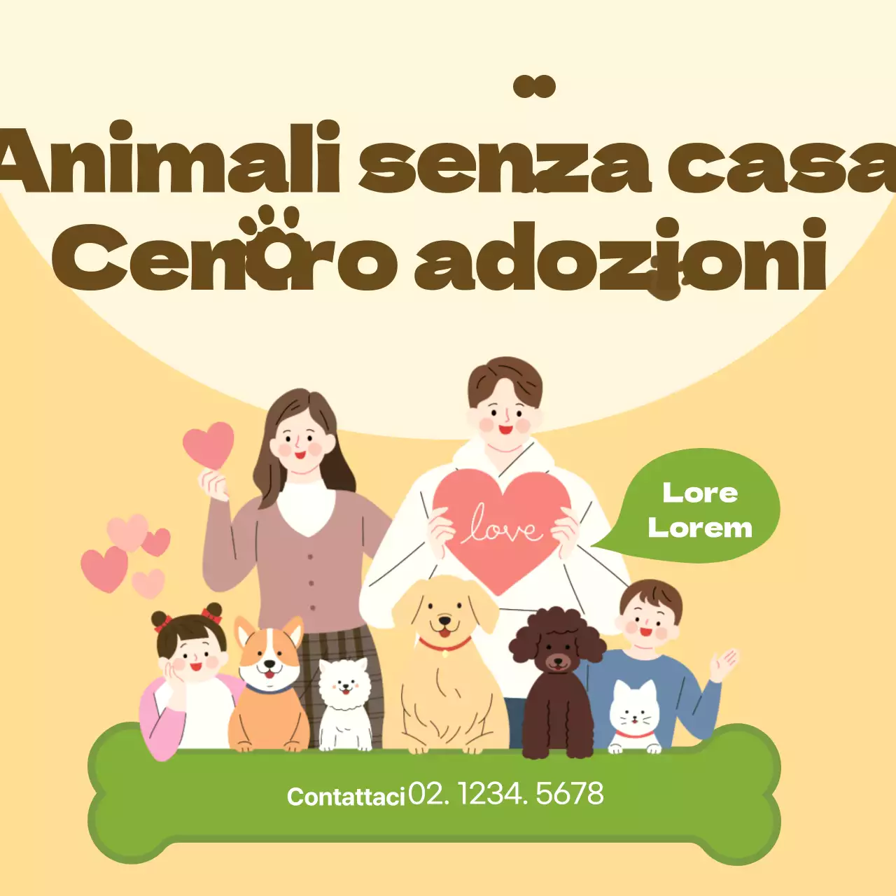 Promuovere il centro di adozione di animali domestici giallo e verde.