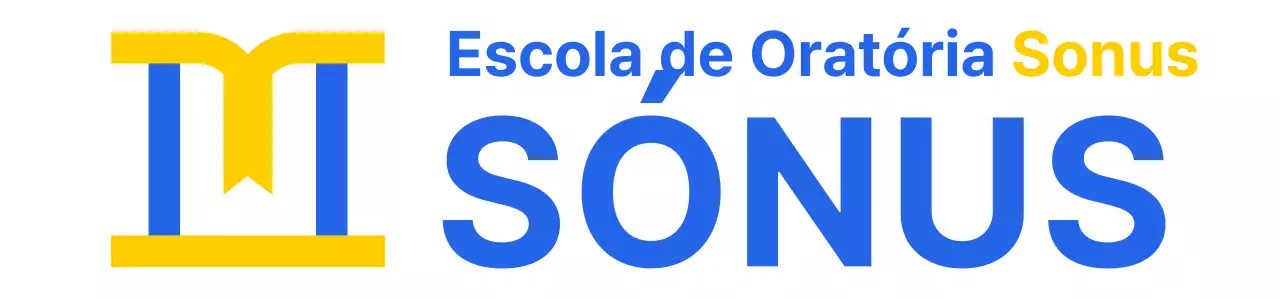 Desenho a cores de uma escola de oratória com um ícone que representa um pódio