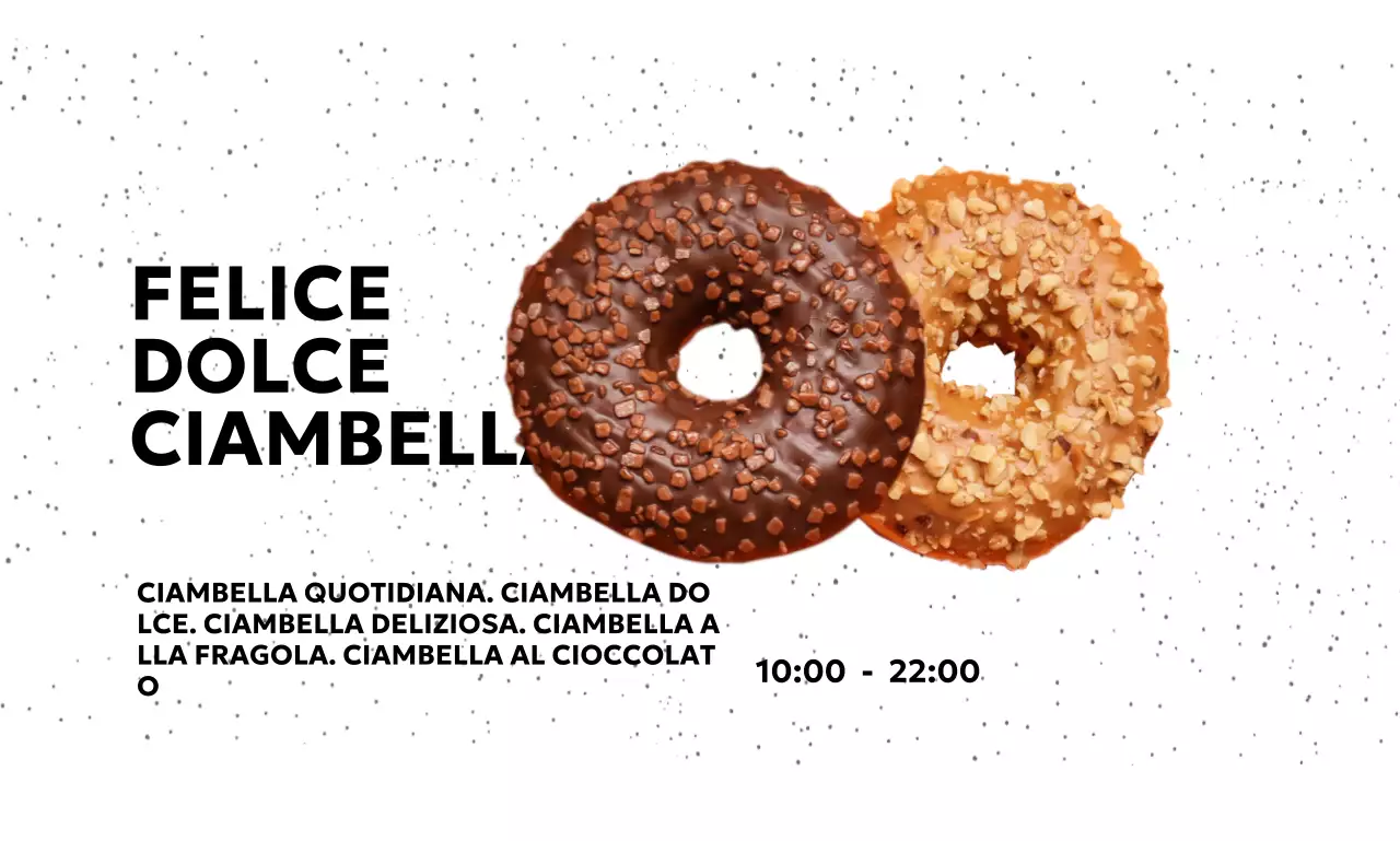 Semplice negozio di ciambelle con sfondo a punti e font gotico e foto di ciambelle