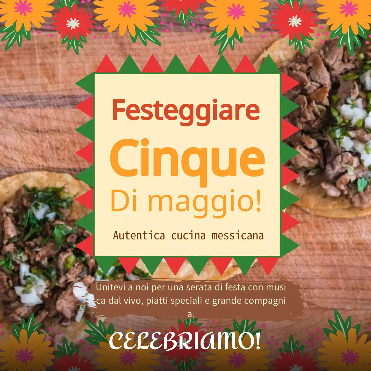 Pubblicità del ristorante Cinco de Mayo in giallo e arancione kitsch