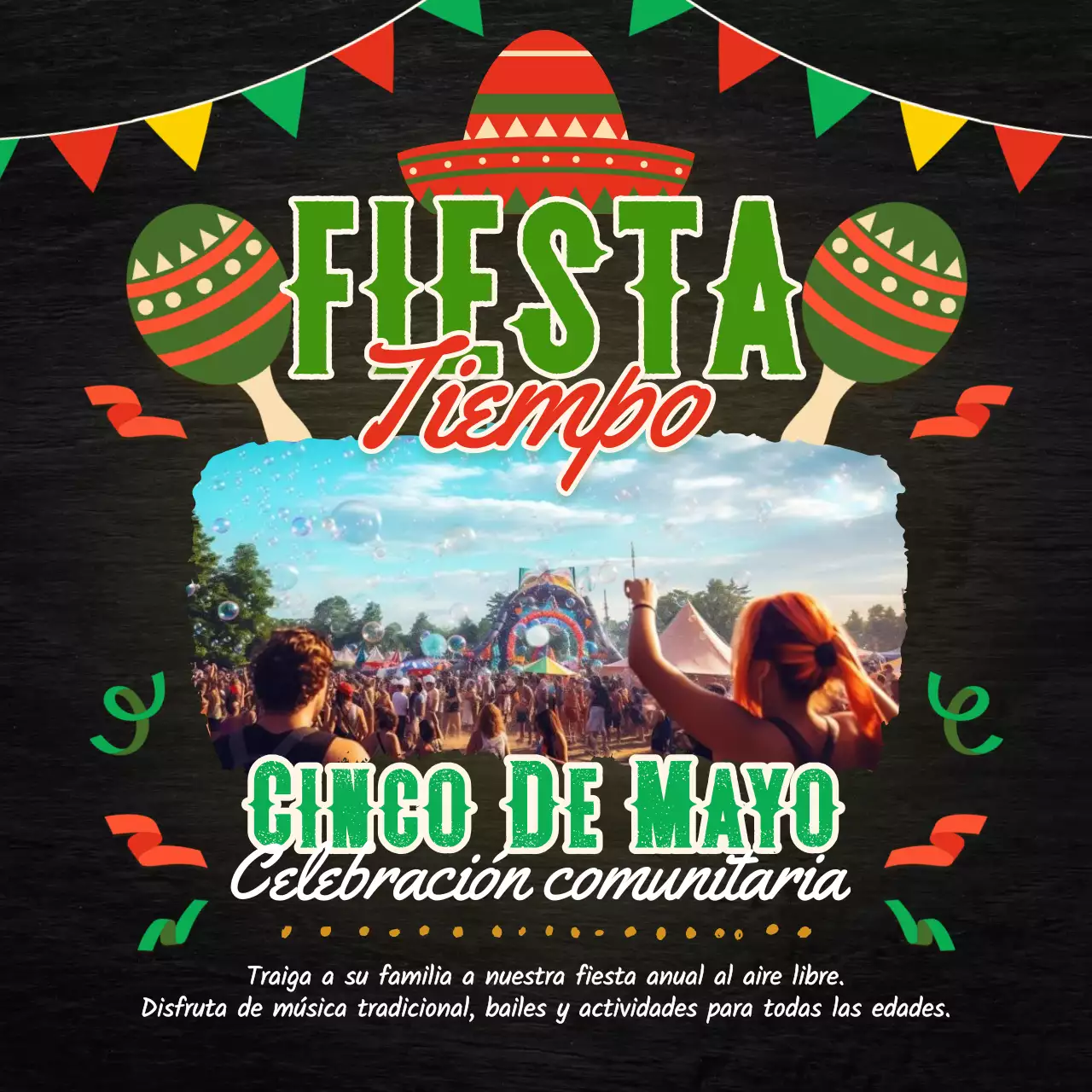Kitsch negro y verde Invitación a un acto comunitario del Cinco de Mayo