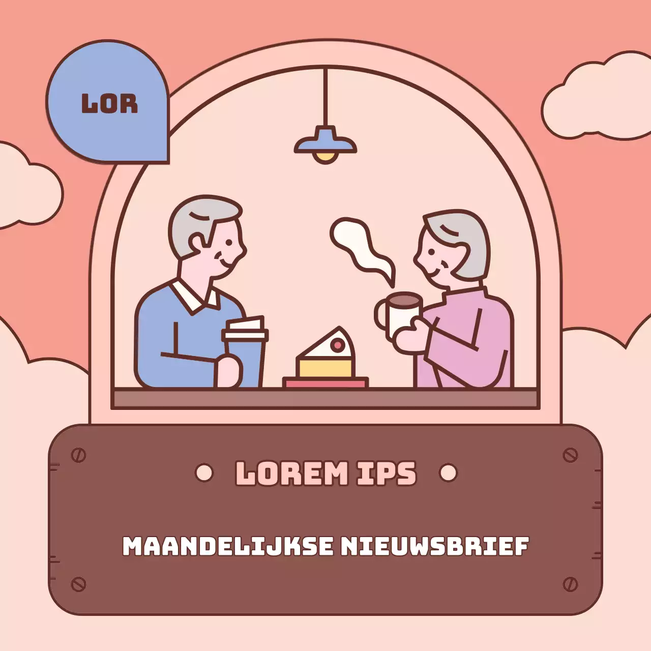 Een eenvoudig bruin en roze bericht voor de maandelijkse nieuwsbrief van het welzijnskantoor