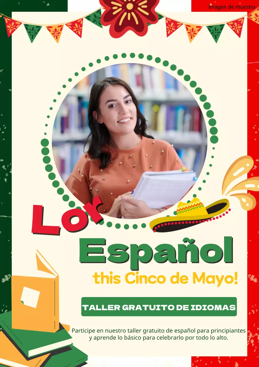 Anuncio de moda de clases de español en verde y amarillo