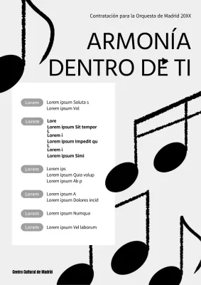 Un sencillo anuncio gris y blanco para la contratación de una orquesta