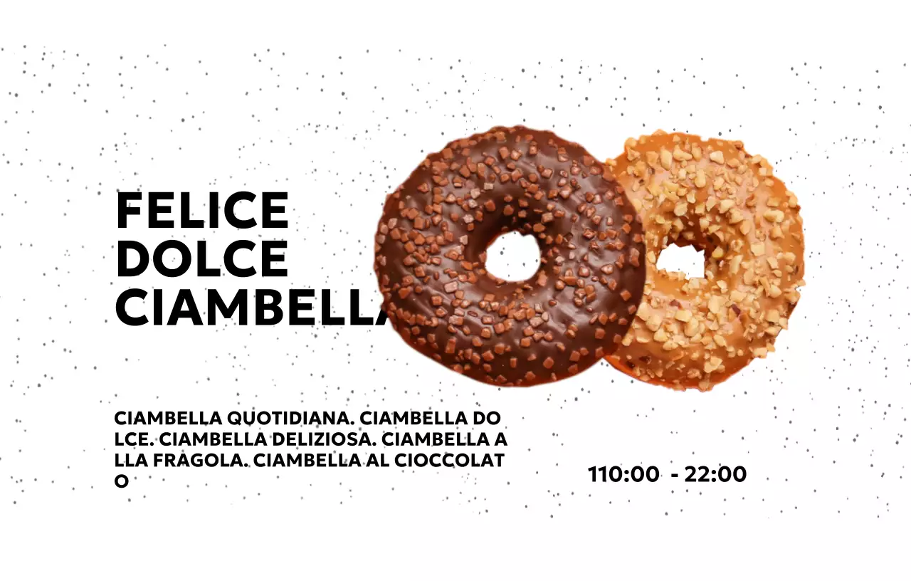 Semplice negozio di ciambelle con sfondo a punti e font gotico e foto di ciambelle