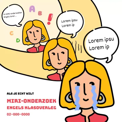 Een advertentie van één pagina met rode tekst en een witte achtergrond en een schattig tekstballonnetje