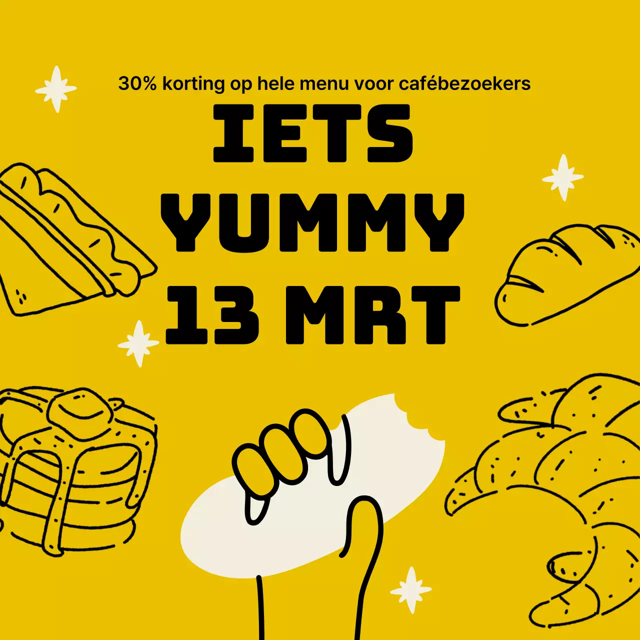 Eenvoudig bakkerijcafé-menu in geel en beige met een kortingsadvertentie