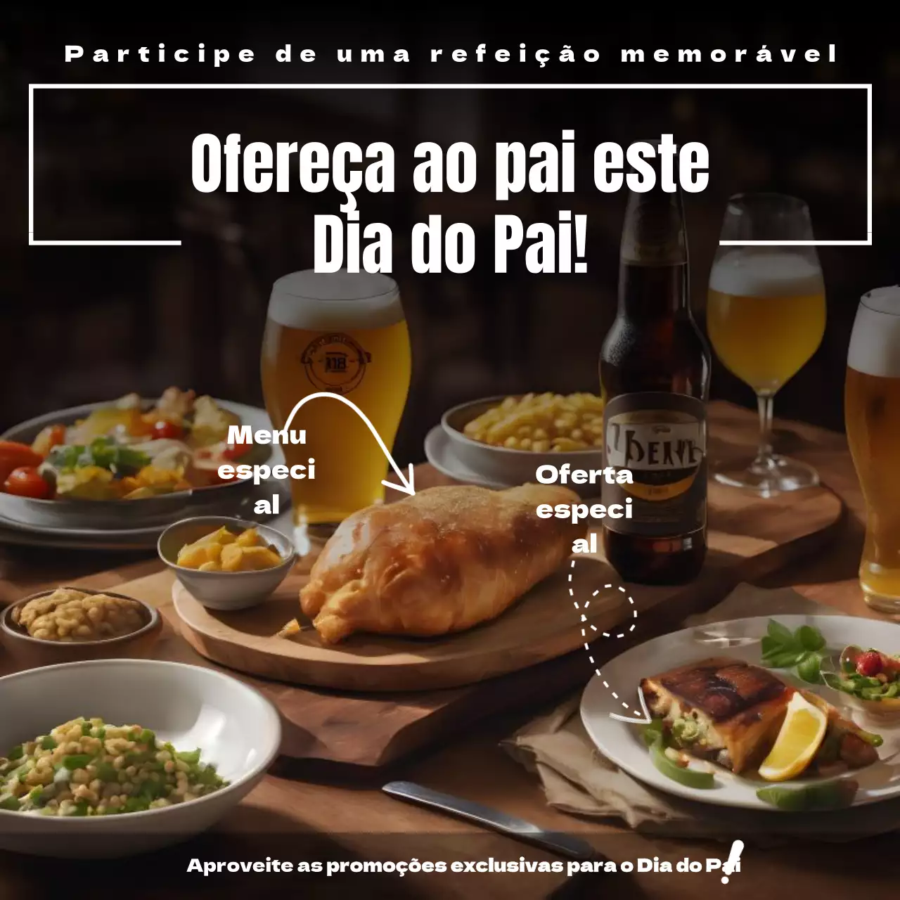 Anúncio de evento de restaurante simples preto e bege para o Dia do Pai