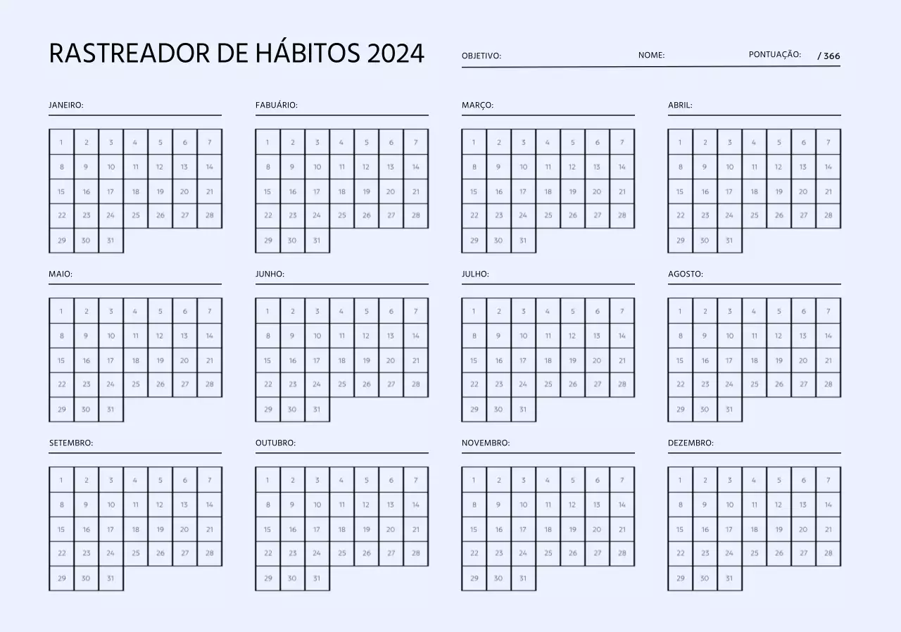 Conceber um registo anual de hábitos que possa assinalar todos os meses