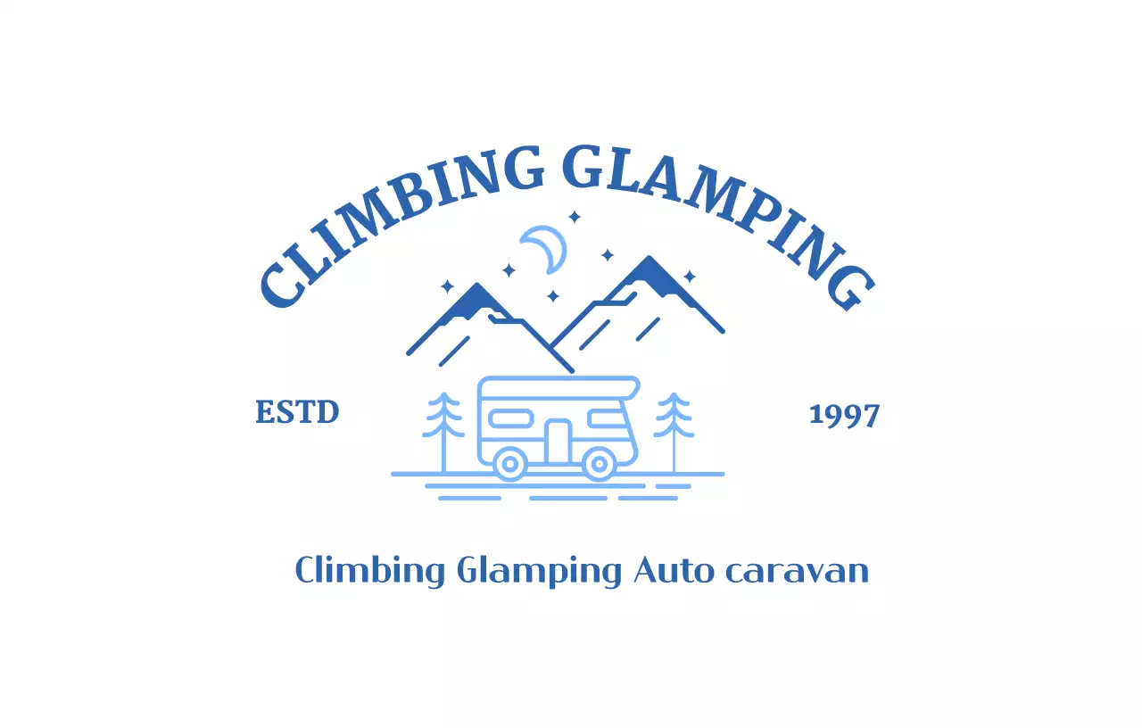 Toko berkemah dengan ilustrasi gunung, bulan, dan van kemah