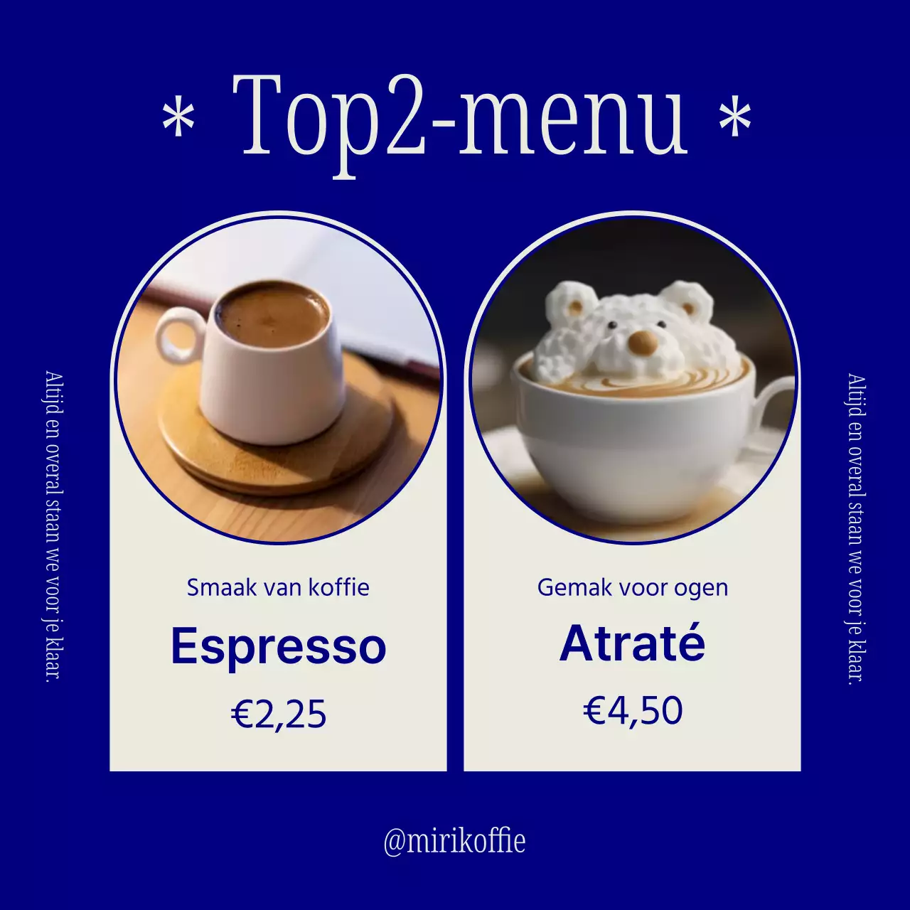 Een eenvoudig blauw en wit café reclamebord