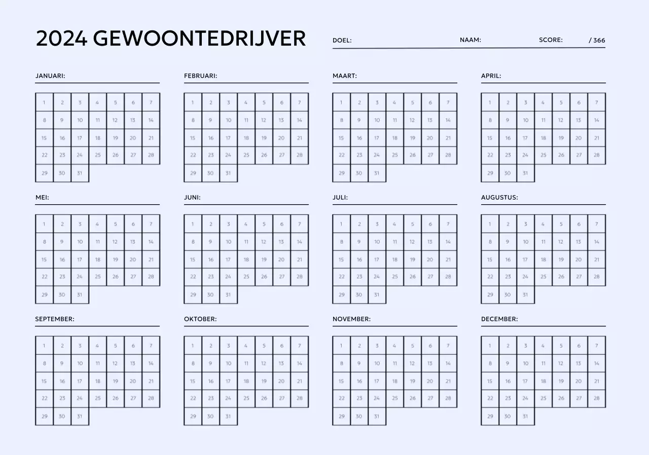 Ontwerp een jaarlijkse gewoonte-tracker die je elke maand kunt afvinken