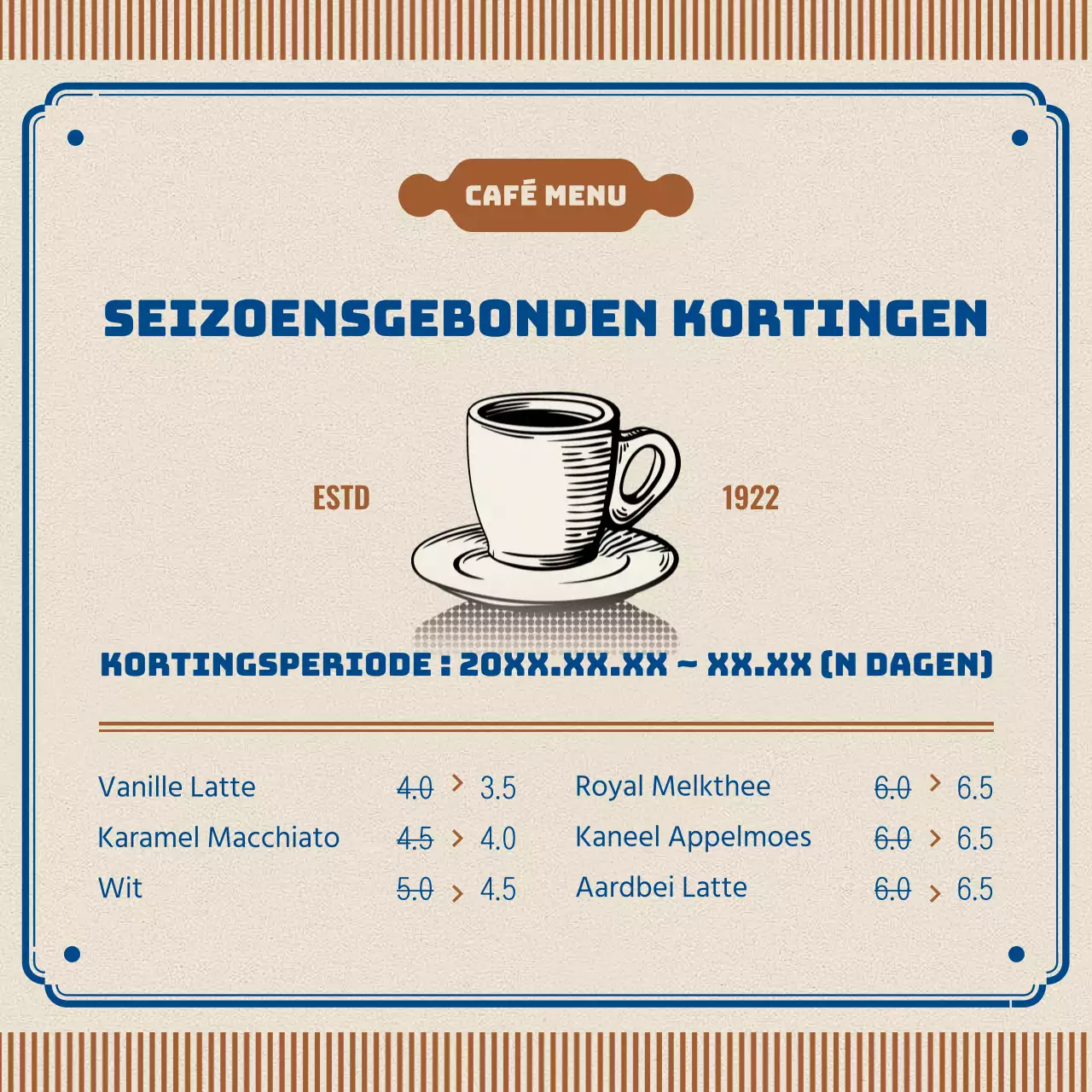 Retro café aankondiging in bruin en blauw