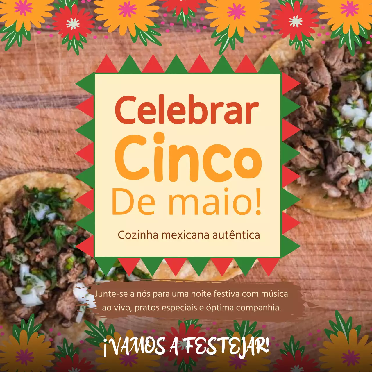 Anúncio de restaurante Cinco de Mayo amarelo e laranja Kitsch