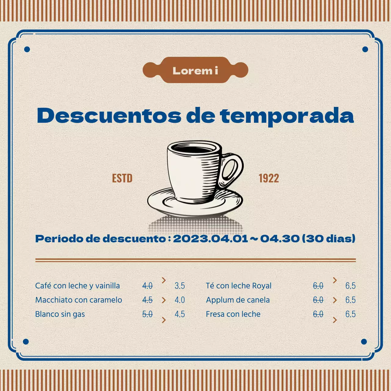 Anuncio de cafetería retro en marrón y azul