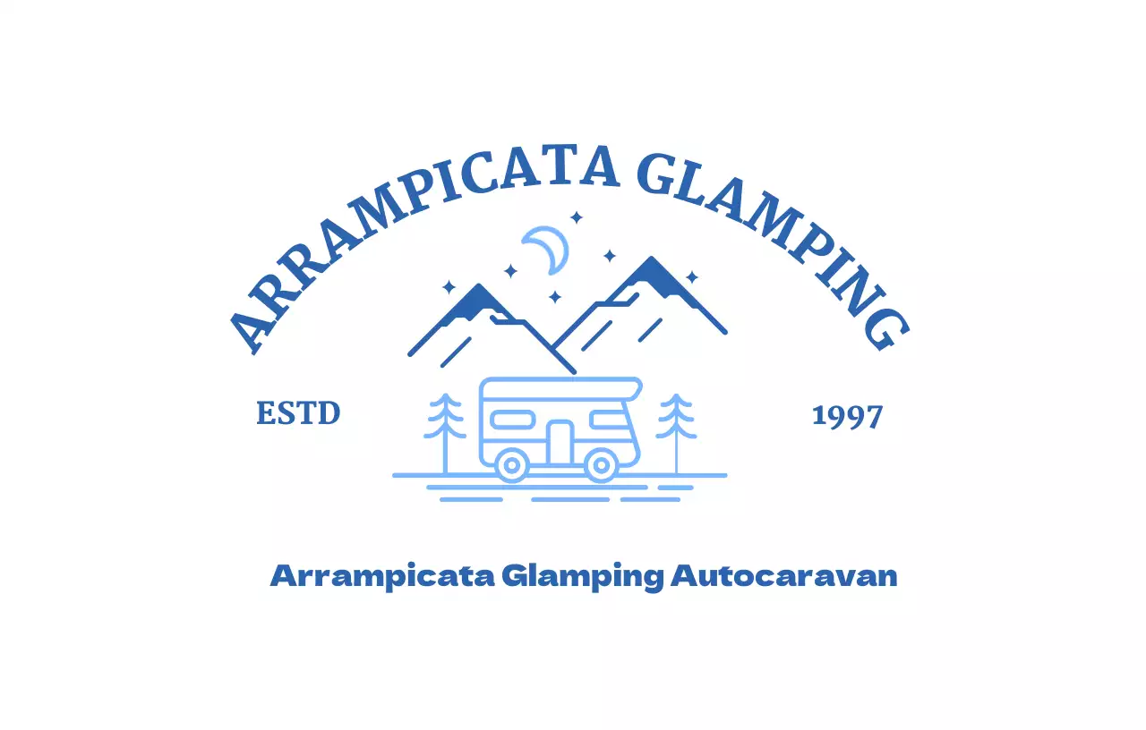 Negozio di campeggio con illustrazioni di montagne, luna e camper