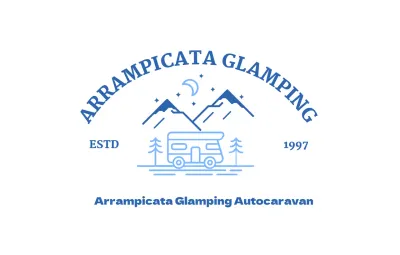 Negozio di campeggio con illustrazioni di montagne, luna e camper