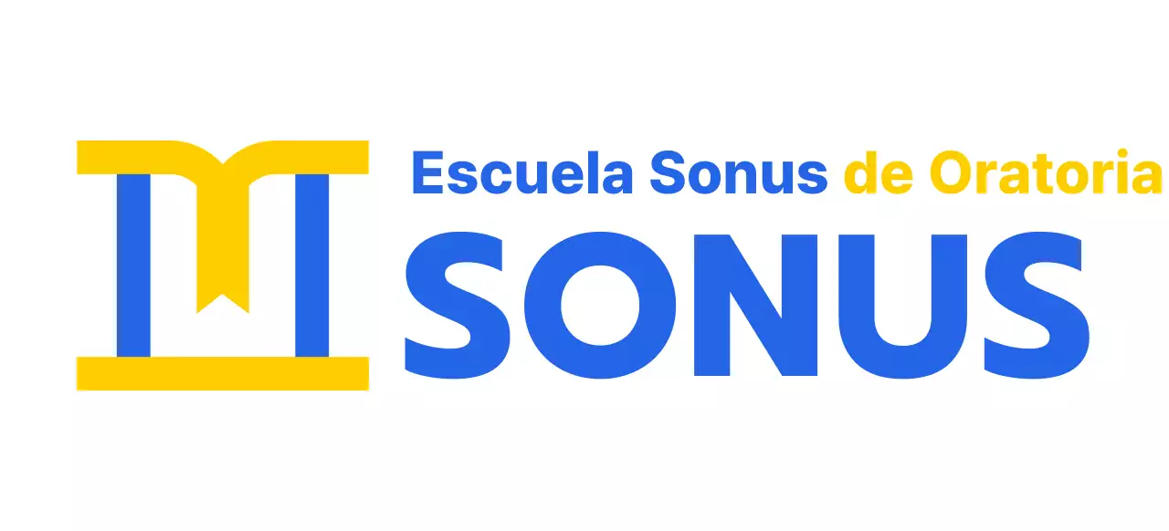 Diseño en color de una escuela de oratoria con un icono que representa un podio