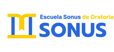 Diseño en color de una escuela de oratoria con un icono que representa un podio