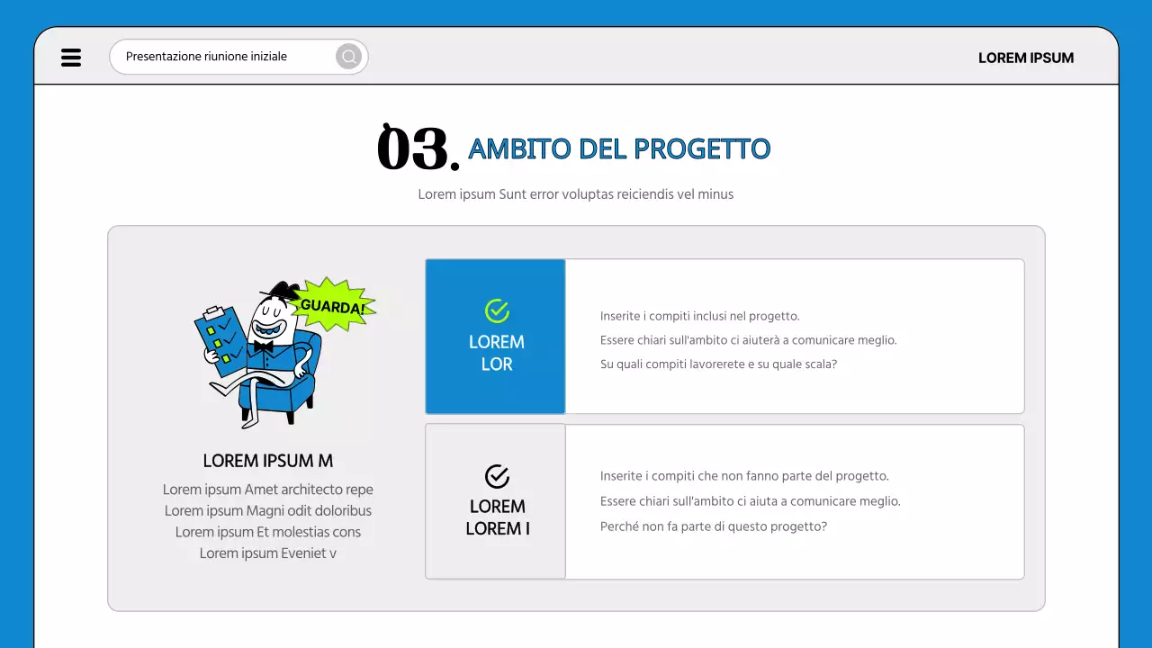 Una semplice agenda per la riunione di avvio del progetto in blu e fluorescenza