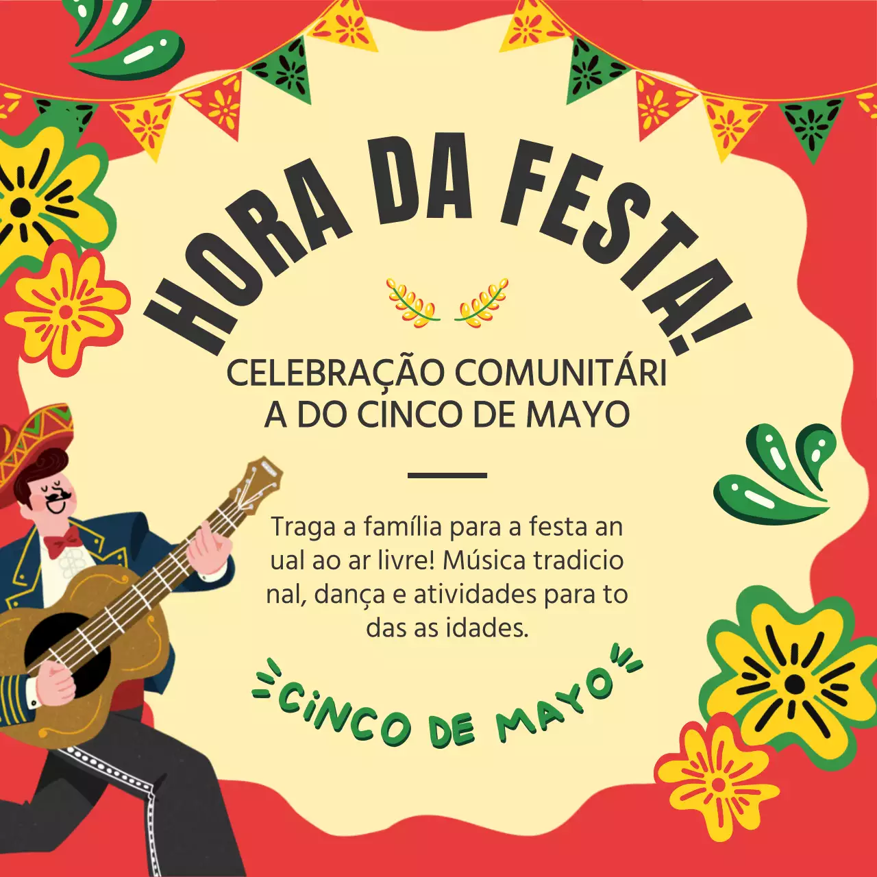 Publicidade do evento comunitário Cinco de Mayo em laranja e amarelo