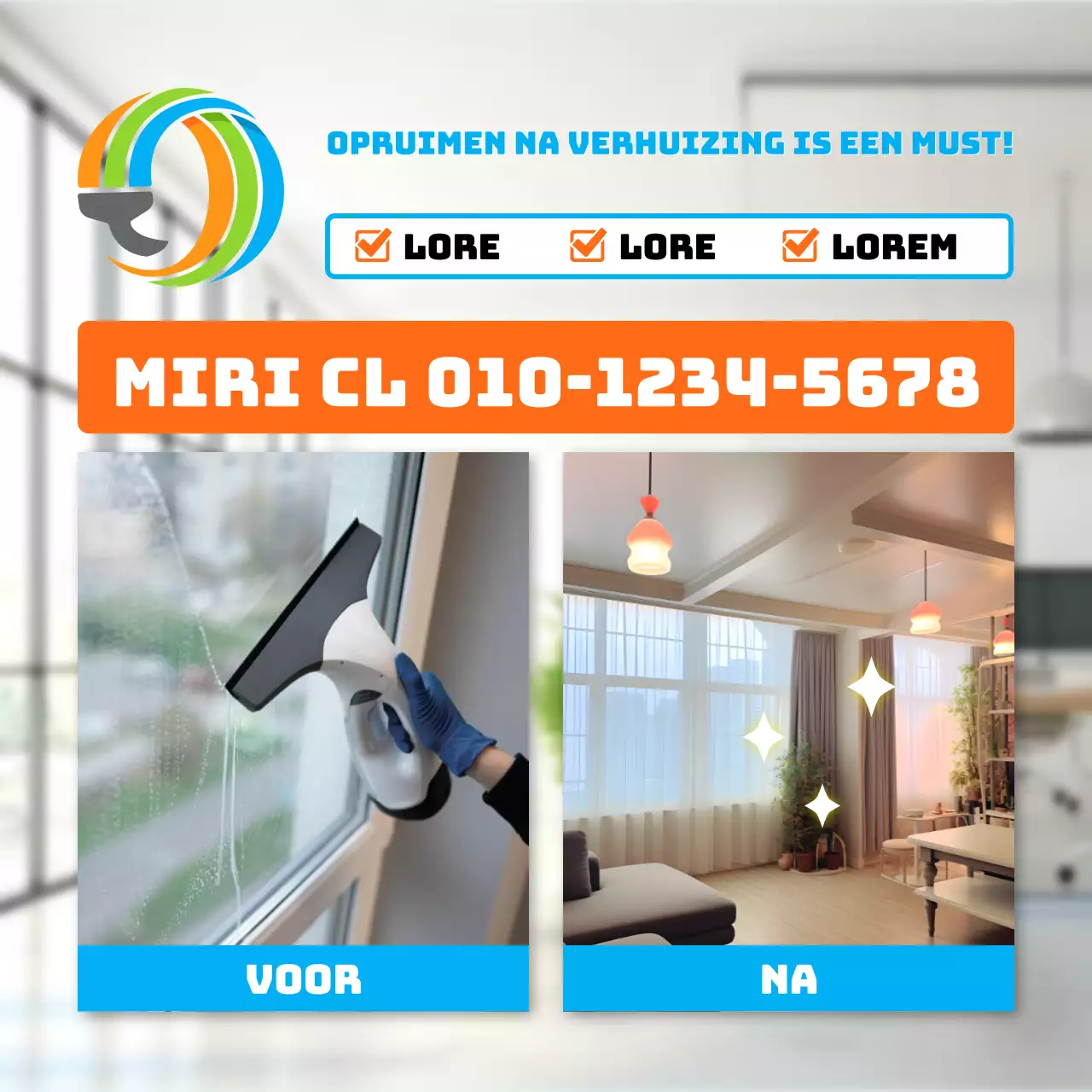 Advertentie voor moderne schoonmaakservice in oranje en lichtblauw