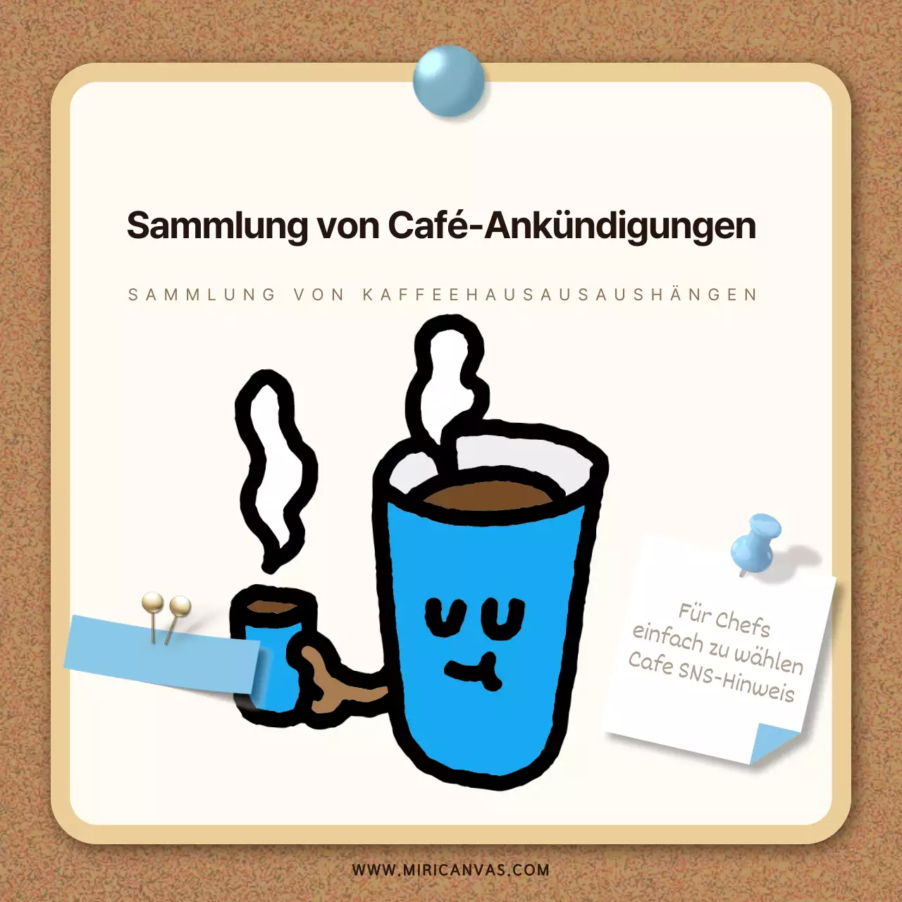 Eine Sammlung von niedlichen Café-Notizen in Beige und Hellblau.