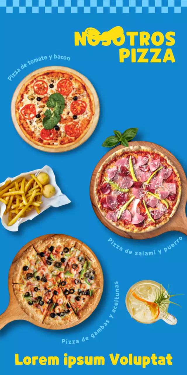 Cartel publicitario de pizza azul y amarillo