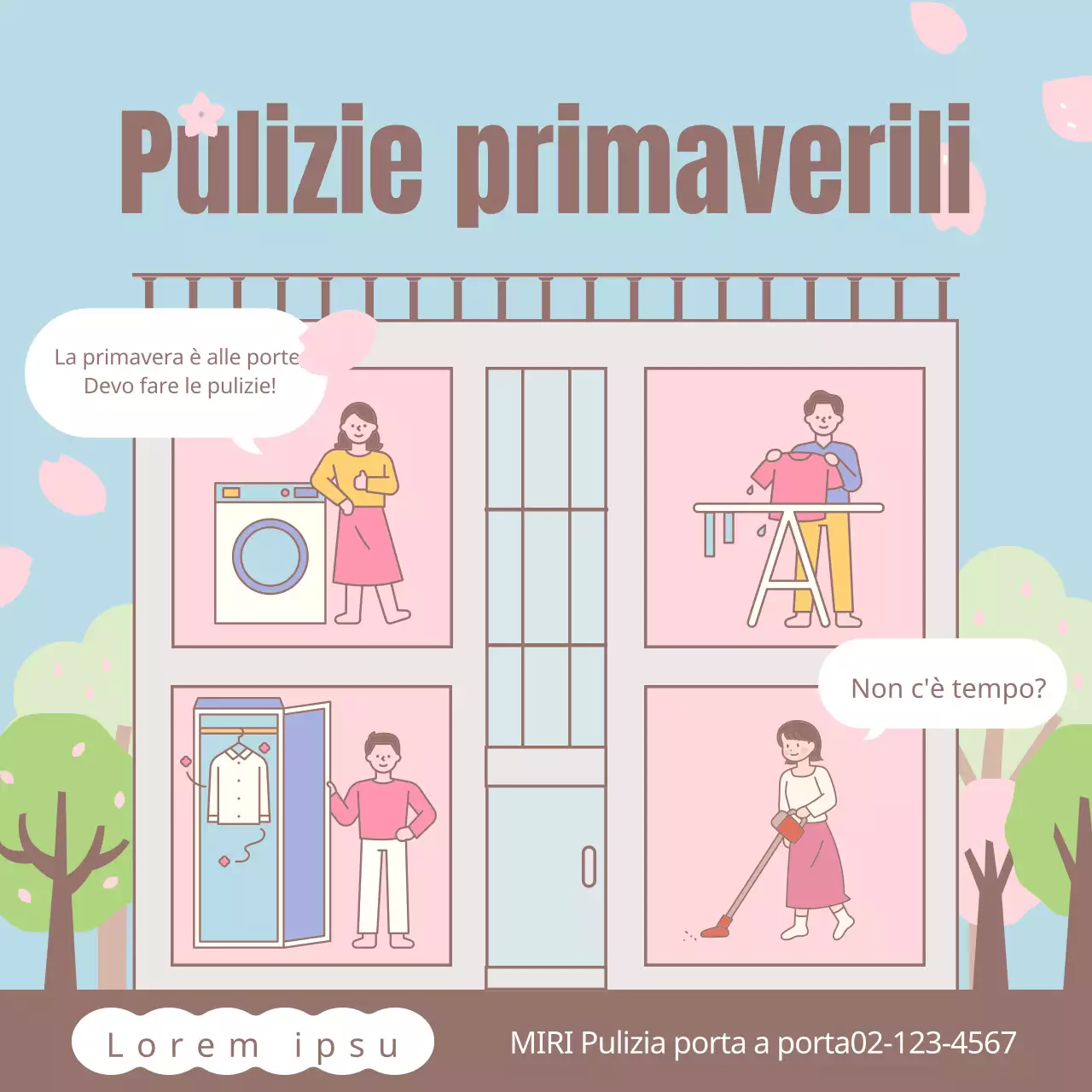 Una simpatica pubblicità azzurra e rosa per un'impresa di pulizie porta a porta