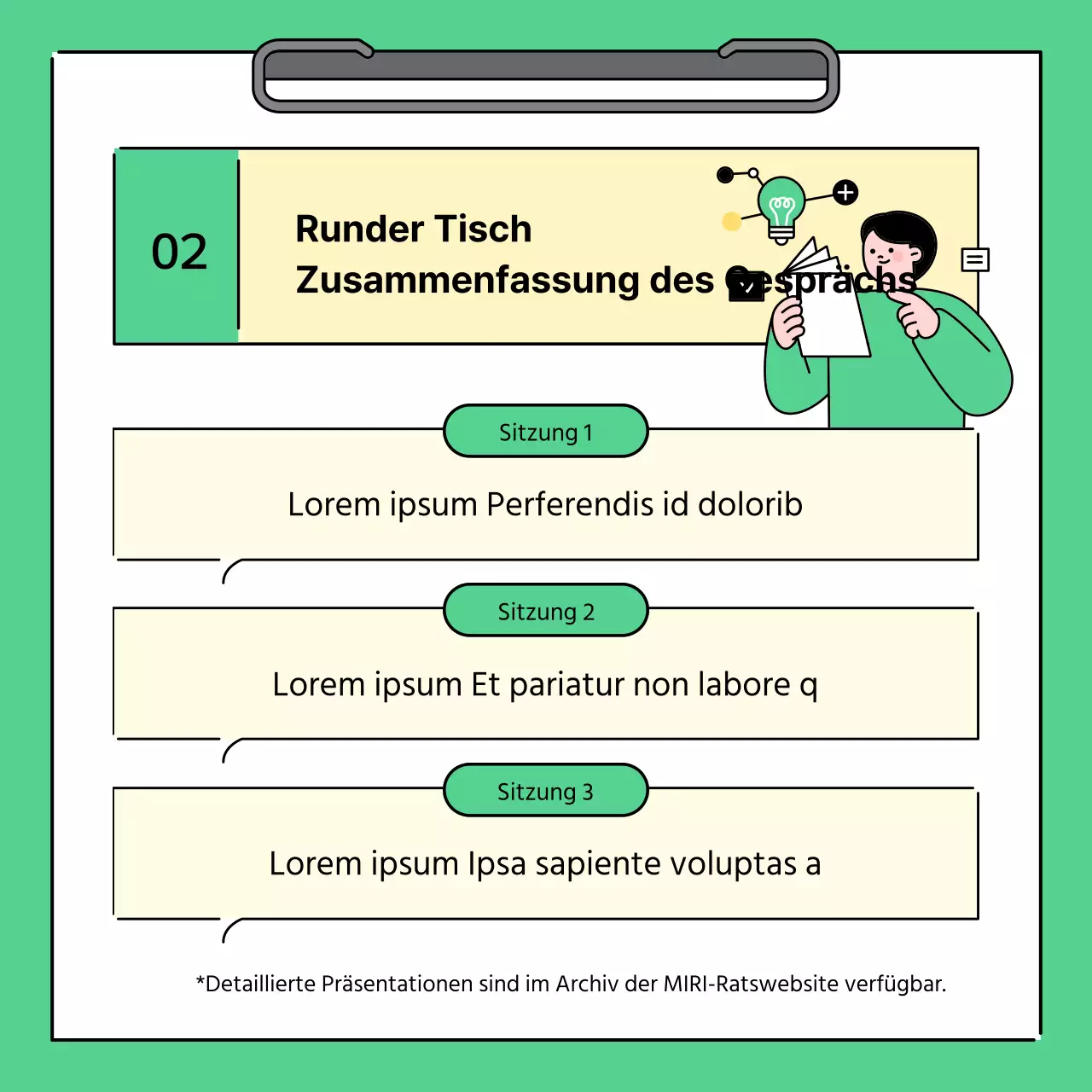 Ein einfacher grüner und gelber Bericht über die Ergebnisse der regionalen Treffen