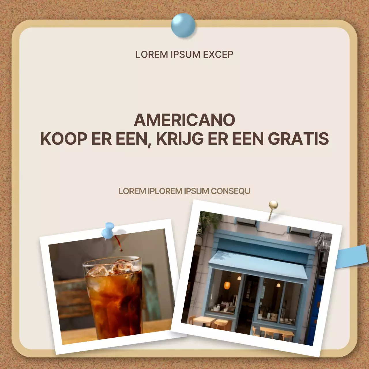 Een verzameling leuke café-etiketten in beige en lichtblauw.