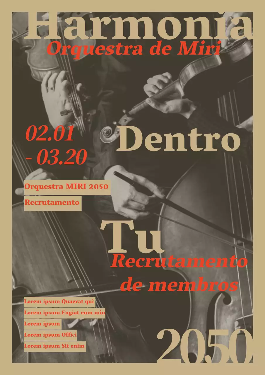 Uma orquestra clássica em bege e vermelho está à procura de membros.