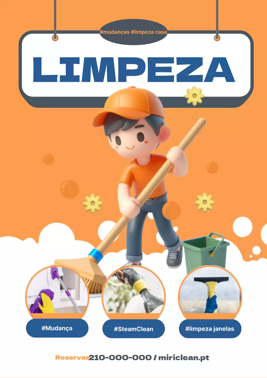 Um anúncio moderno de uma empresa de limpeza em laranja e azul-marinho.