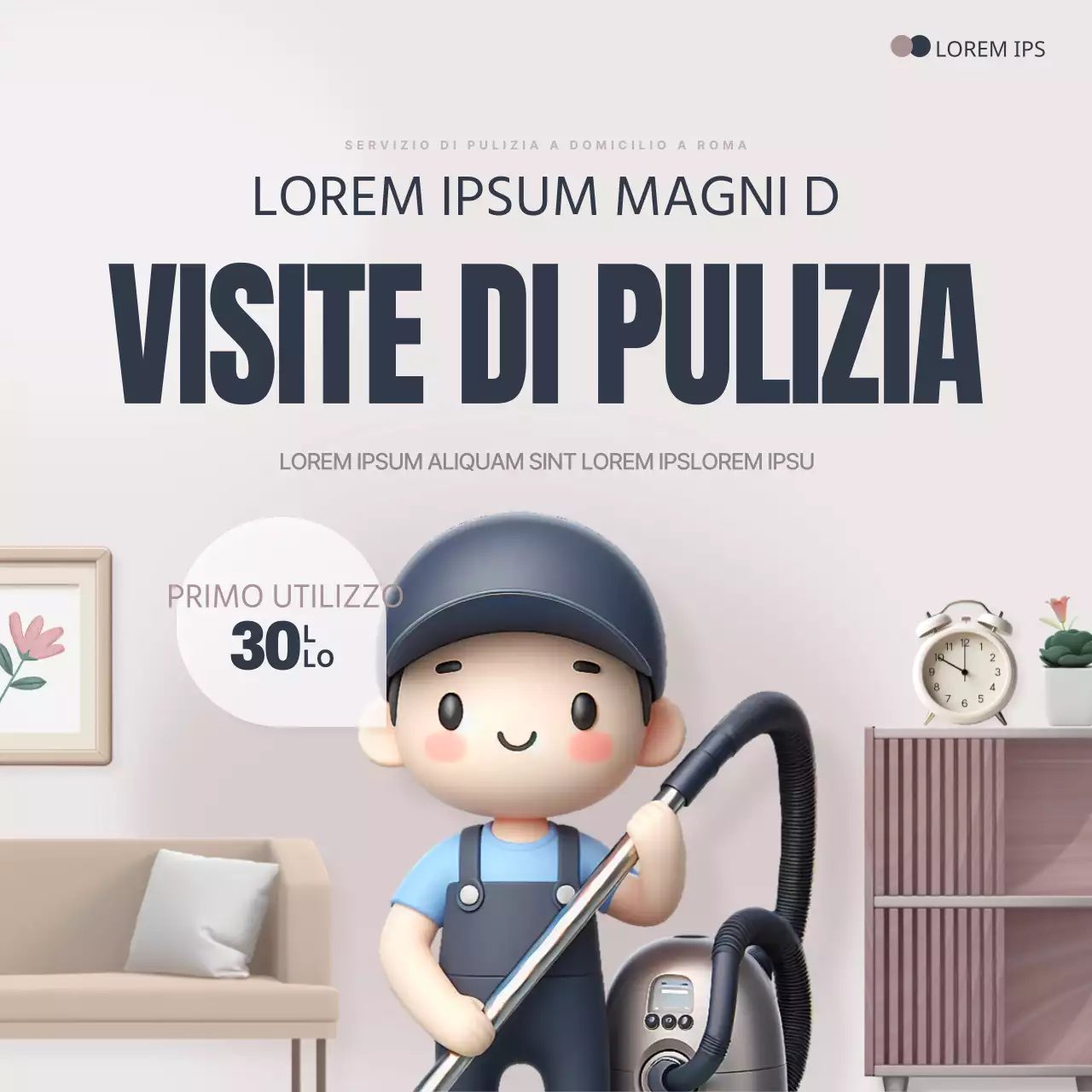 Un'accogliente pubblicità blu navy e marrone per un servizio di pulizia porta a porta.