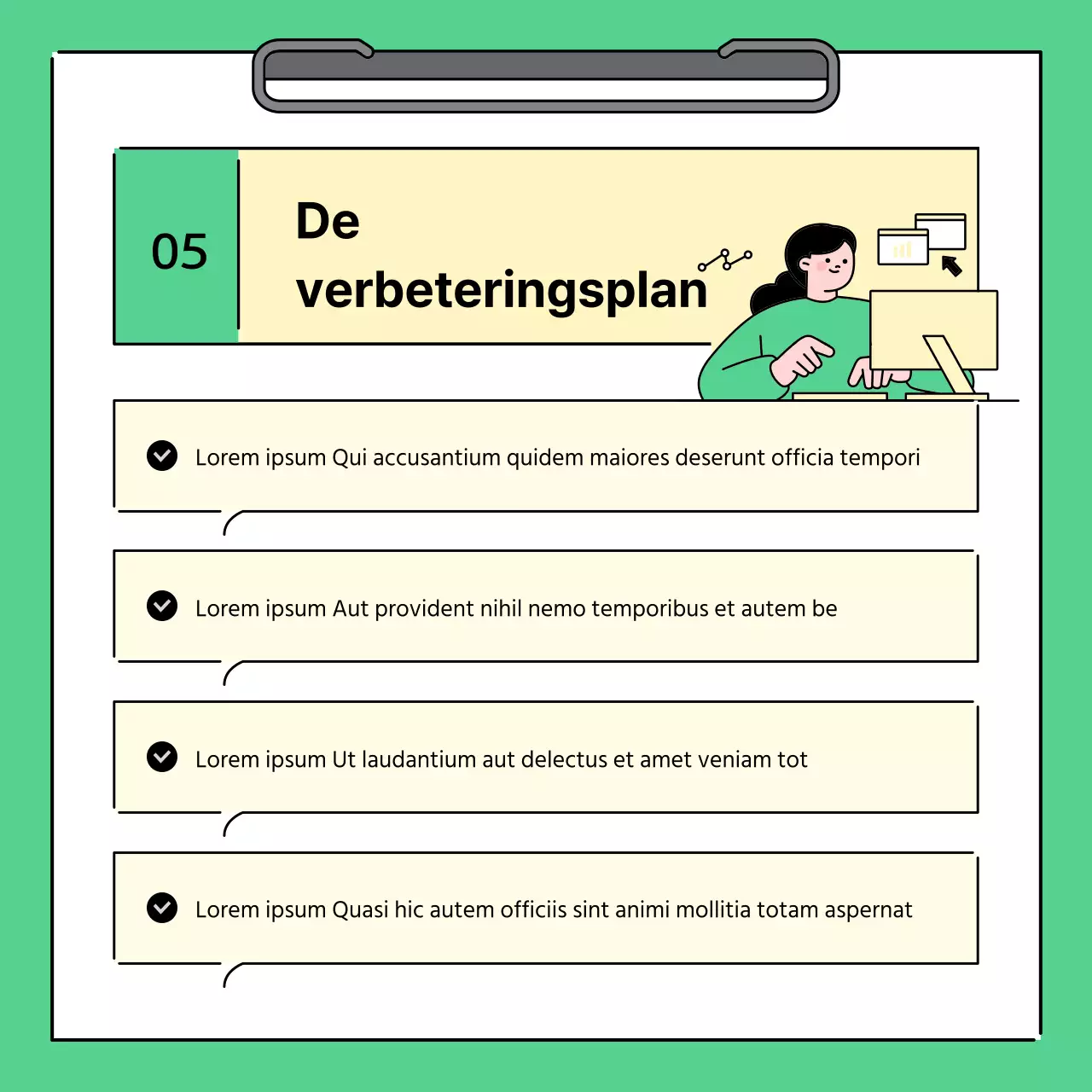 Een eenvoudig groen en geel verslag van de resultaten van een regionale bijeenkomst