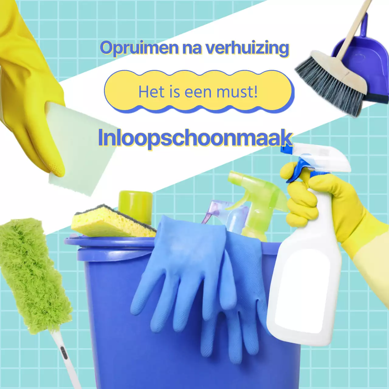 Geel-blauwe advertentie voor het in- en uitruimen van uw woning