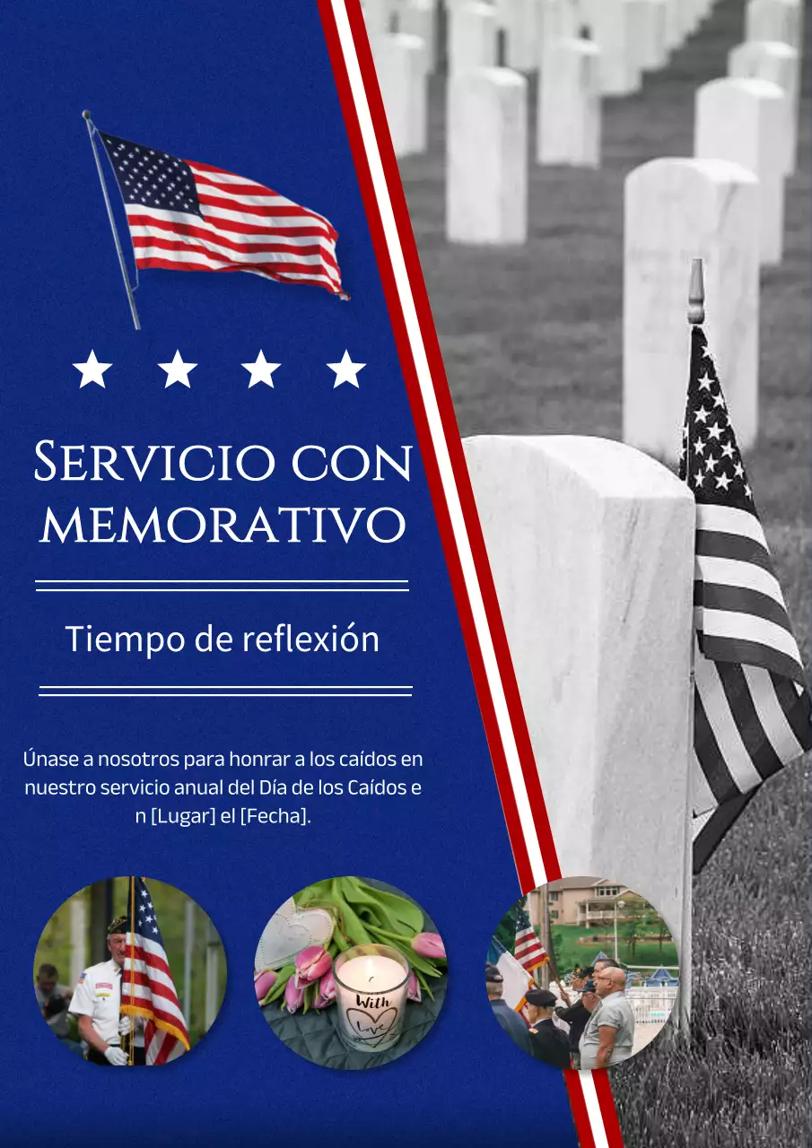 Publicidad del servicio clásico azul y rojo del Día de los Caídos