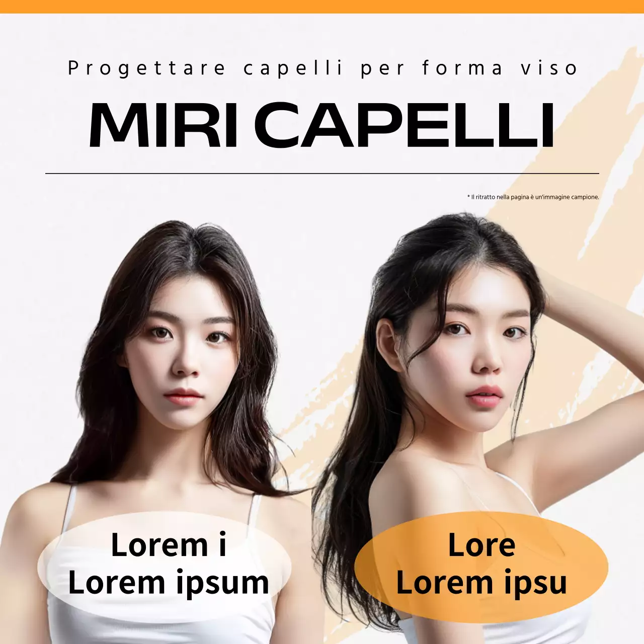 Modello di capelli arancione predefinito prima e dopo la pubblicità